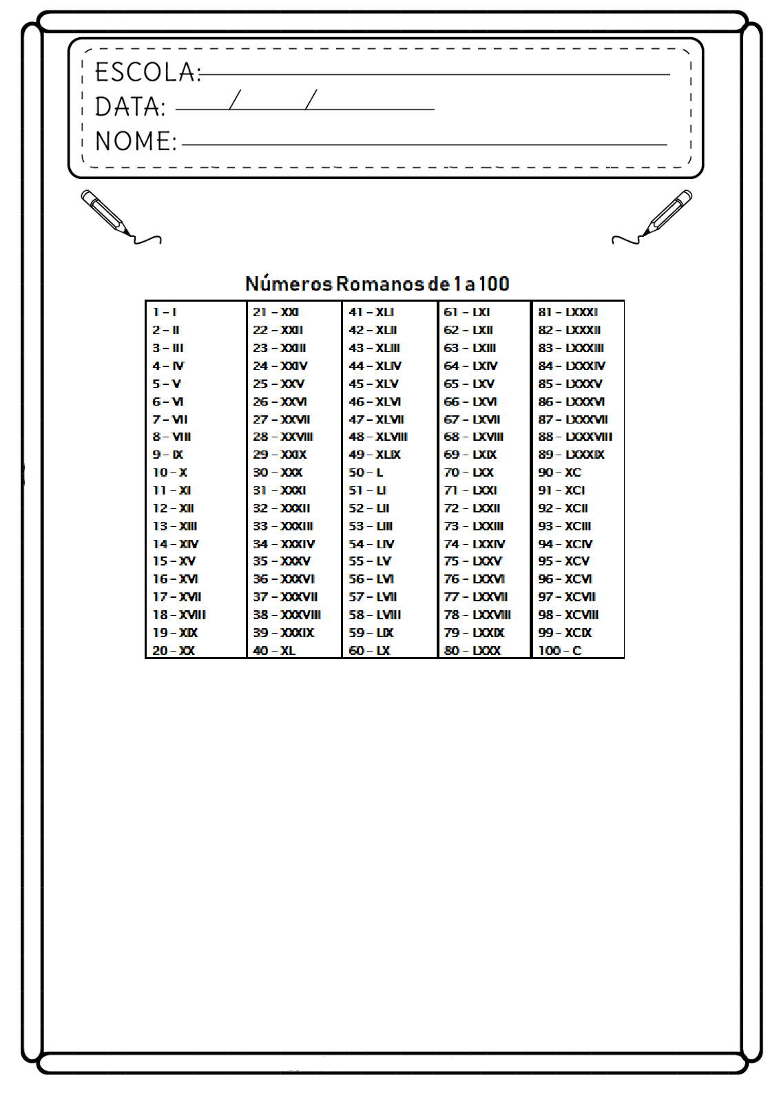 6 TABELAS DE NÚMEROS ROMANOS DE 1 A 100 PARA IMPRIMIR