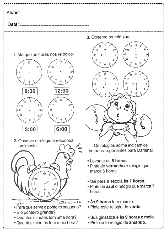 Atividades com Relógio para imprimir - Atividades Escolares