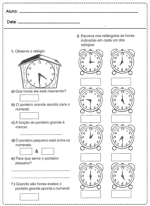 Atividades com Relógio para imprimir - Atividades Escolares