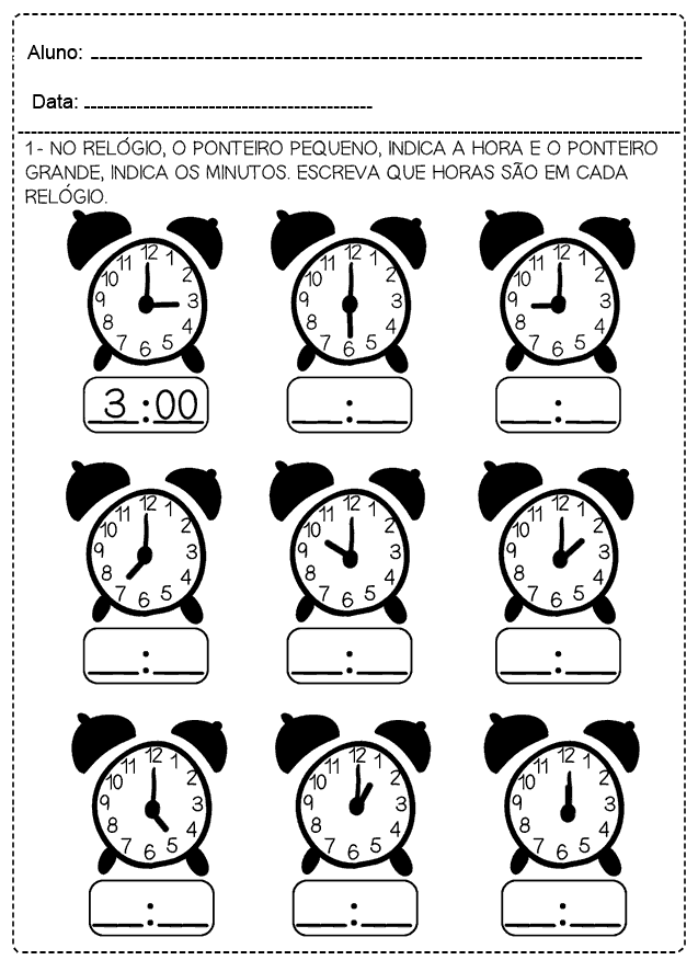 Atividades com Relógio para imprimir - Atividades Escolares