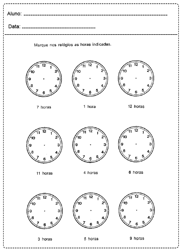 Atividades com Relógio para imprimir - Atividades Escolares