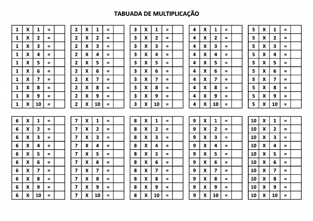 Tabuada para preencher  Tabuada de multiplicação, Fichas de exercícios de  matemática, Atividades de matemática