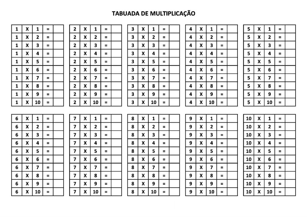 Tabuada da Multiplicação para Completar - Atividades Escolares