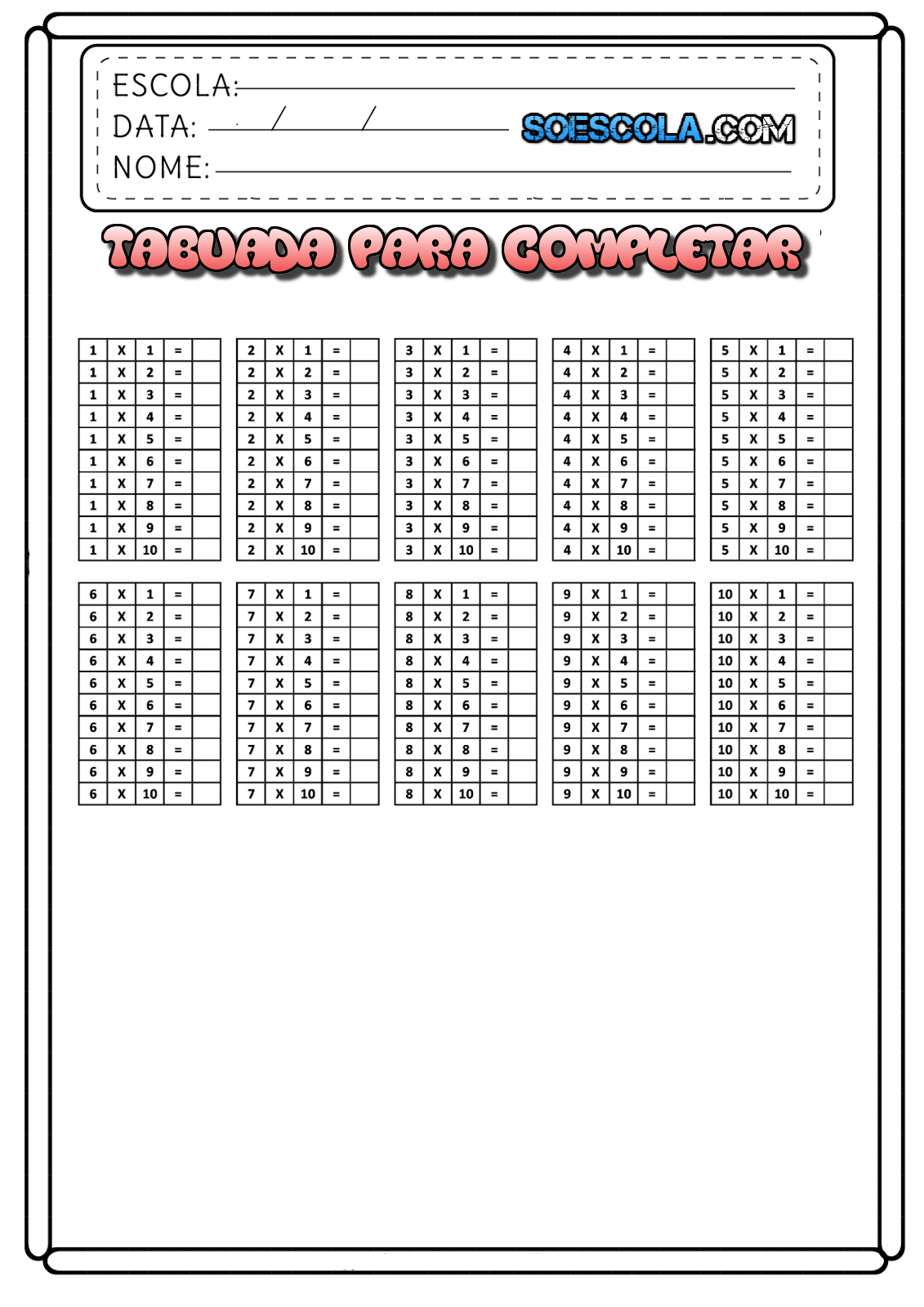 Tabuada de Multiplicação para Completar e Imprimir