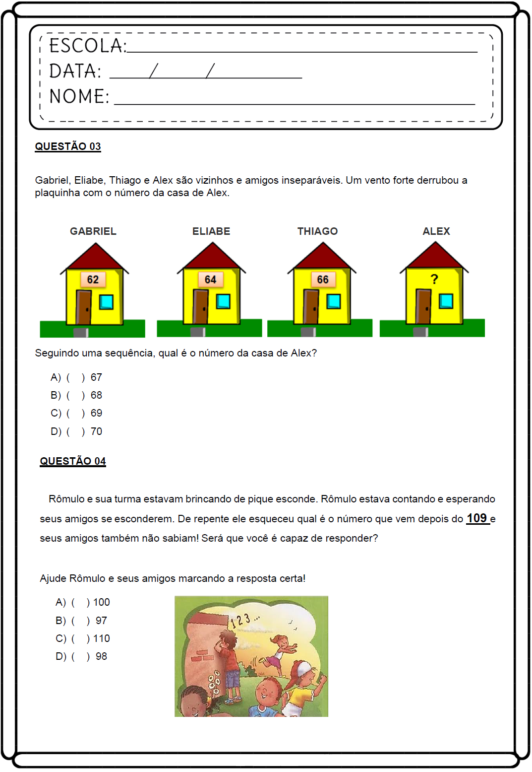 Atividade De Matemática Para 3º Ano - Clickandgo