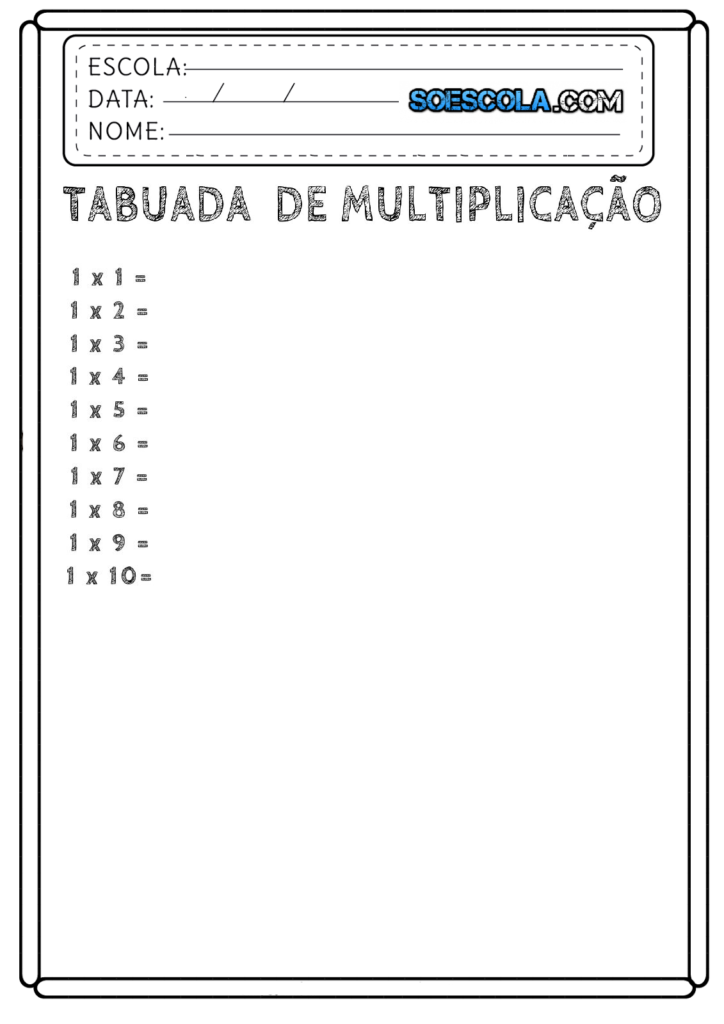 Tabuadas em Branco para Completar - Matemática
